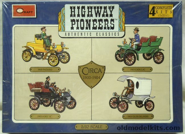 Minicraft 1/32 Highway Pioneers (Ex-Gowland/Revell) 1900 Packard / 1903 Cadillac / 1903 Ford A / 1904 Olds Delivery, 1501 plastic model kit